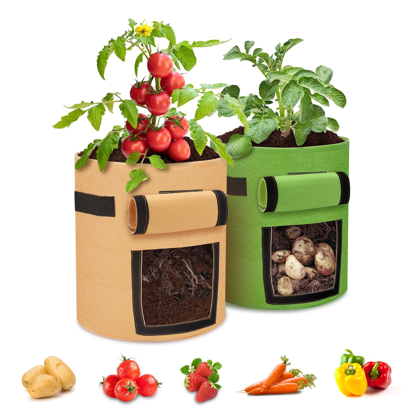 JUYIE 2-Pack 5 Gallon Potato Grow Bags, Garden Planting Bag with Reinforced Handle, Thickened Nonwoven Fabric Pots for Tomato, Potato, Vegetable and Fruits