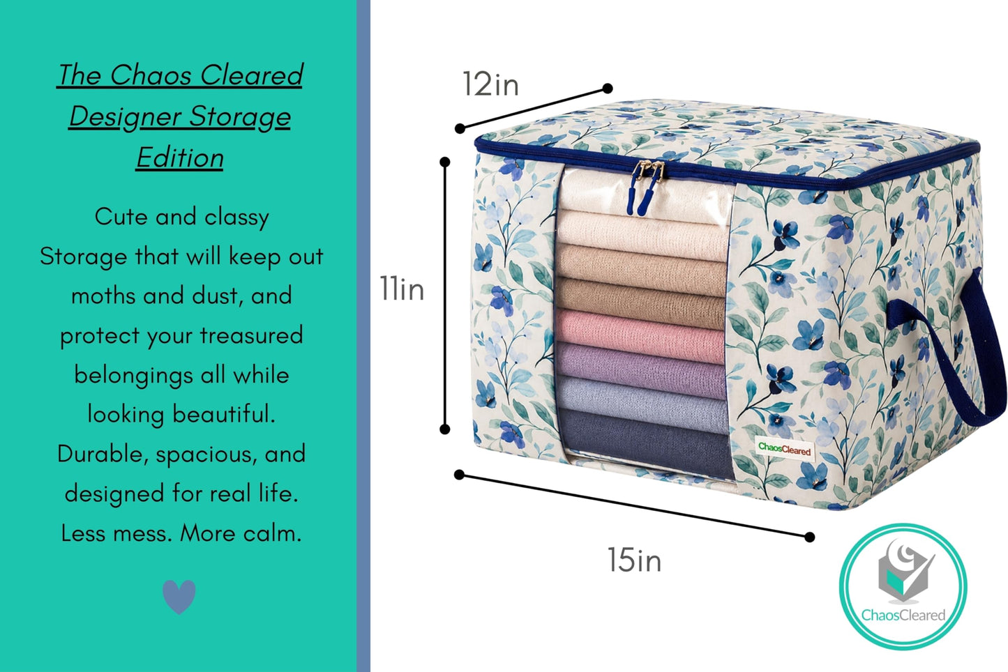 Chaos Cleared Canvas Storage Bags Designer Organizer 2 Pack – Seasonal Storage for Sweaters, Blankets, Linens & Garments – Foldable Design with Zip & Window (Blue Floral Print)