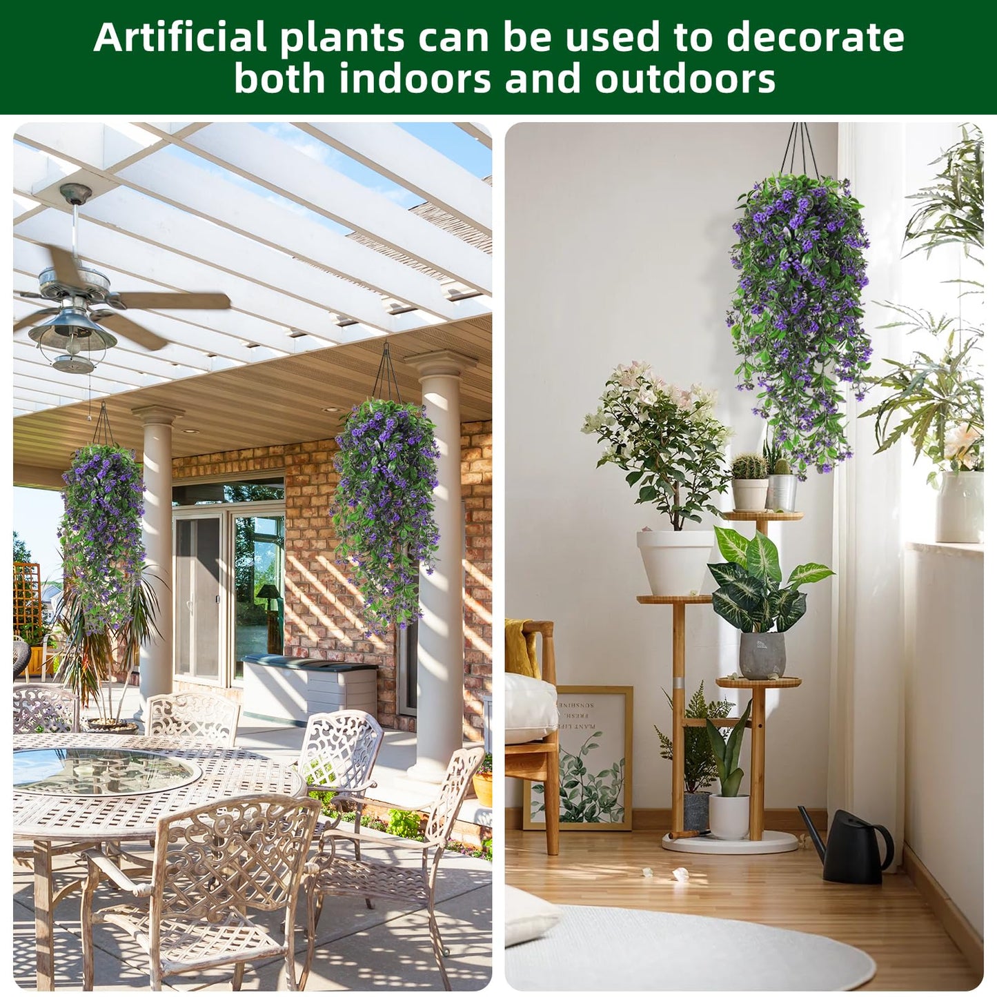 RECUTMS 2Pcs Artificial Hanging Plants Fake Vines Fake Plants Outdoor Greenery Artificial Flower for Outdoors Hanging Basket Plastic Home Garden Wedding Party Decorations(Purple)