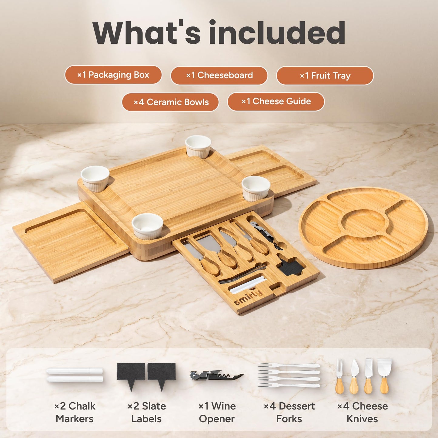 SMIRLY Charcuterie Boards Set - Large Bamboo Cheese Board Set - House Warming Gifts New Home, Wedding Gift for Couple, Bridal Shower Gift, Birthday Gifts for Women
