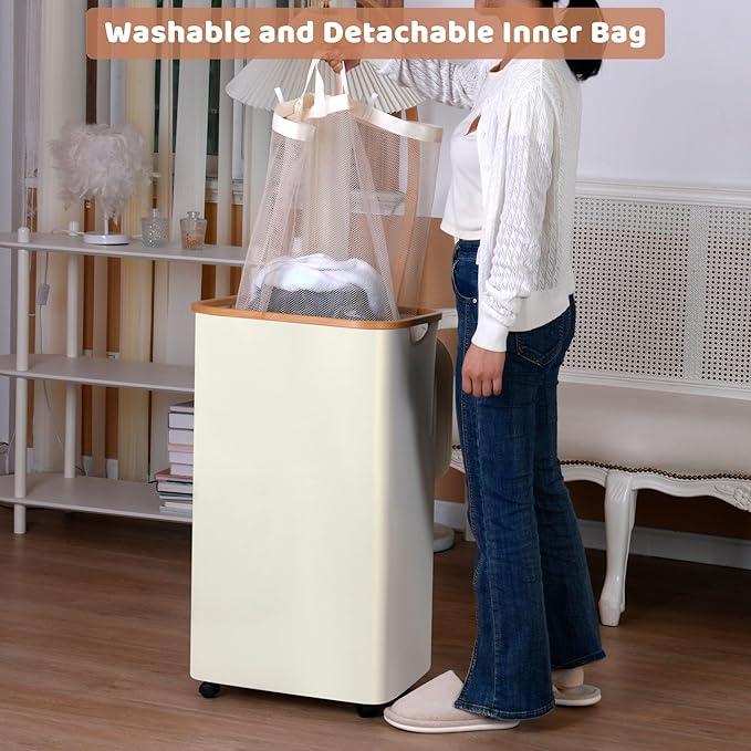Laundry Basket with Wheels, 110L Beige Clothes Hamper