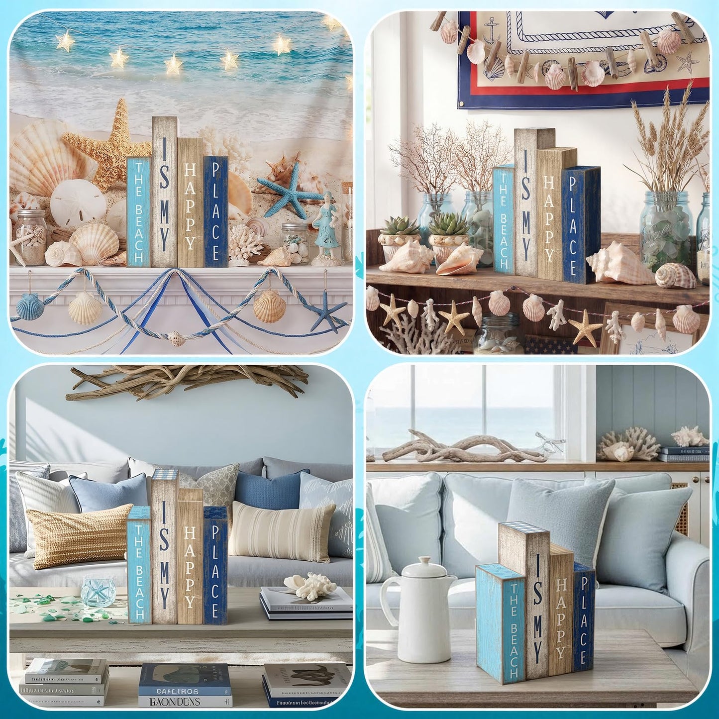Lineshading 4 Pcs Summer Table Decoration Wooden Book Coastal Beach Decoration Blue and White Summer Tiered Tray Decor Wood Book Signs Farmhouse for Ocean Party Home Shelf Coffee Table