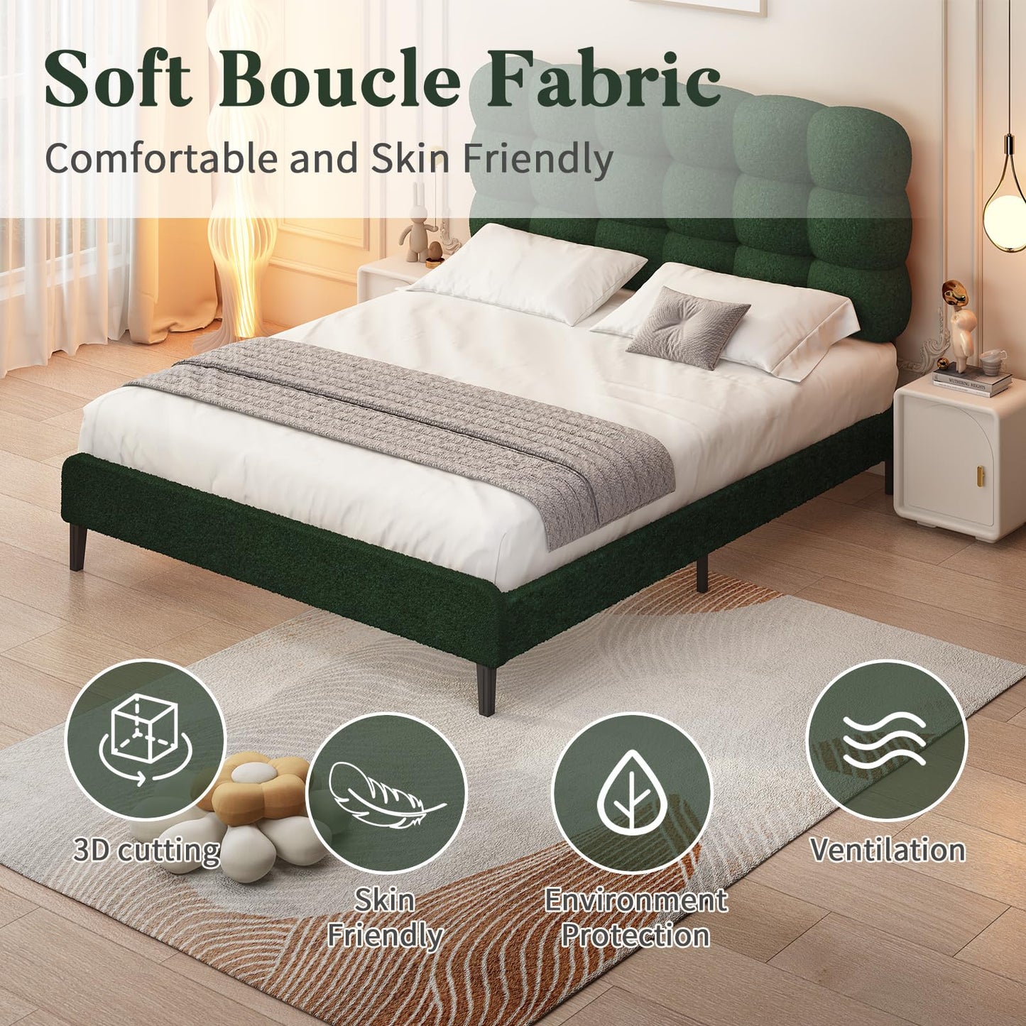 BarnFurin Queen Bed Frame with Upholstered Headboard, Soft Boucle Fabric, Platform Bed with Strong Wooden Slats Support, Two Bed Forms Design, No Boxing Spring Needed, Easy Assembly, Green