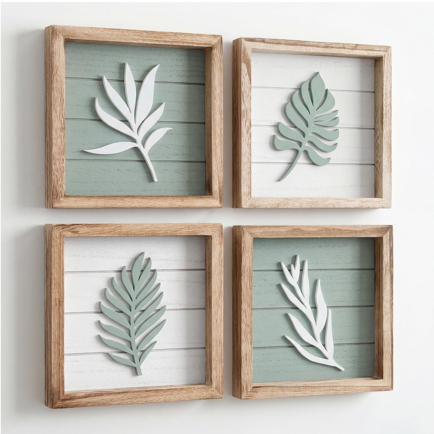 Tide and Tales 3D Sage Green Leaf Botanical Wall Art (Framed Set of 4) – Textured Boho Botanical Bathroom Art Wall Decor – Leaf & Plant Accent for Bedroom or Living Room 7"x7"