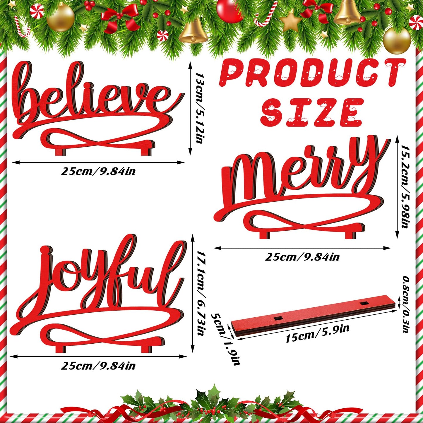 Kathfly 3 Pcs Christmas Tabletop Word Sign Believe Joyful Merry Xmas Mantle Decor Freestanding Christmas Mantle Sign Xmas Wood Cutouts Table Plate Rustic Ornaments for Home Office Decoration(Red)
