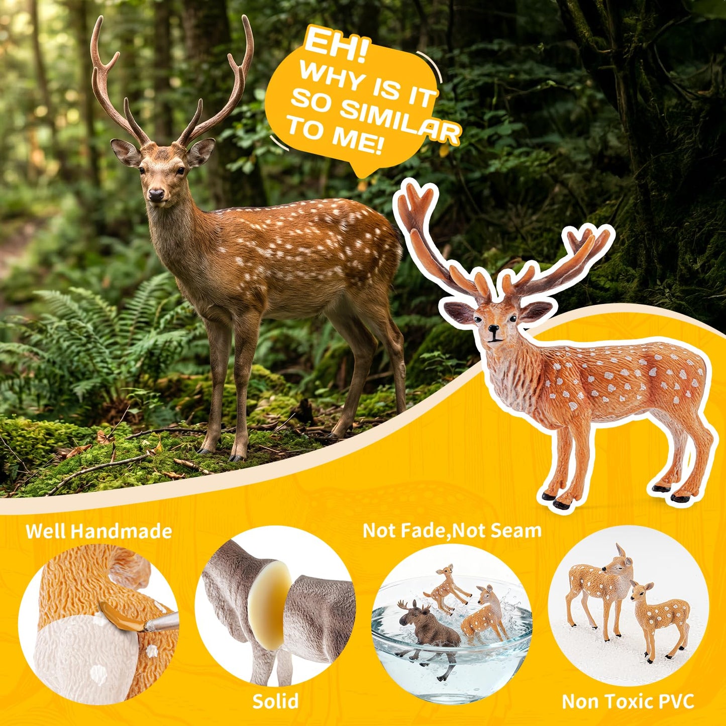 THINKBAY 14 PCS Deers Family Figurines Set - Elk, Reindeer, Moose, Sika Deer, Whitetail Deer - Realistic Solid Wild Animal Figures for Kids 3+, Educational Toys, Cake Toppers, Party Favors