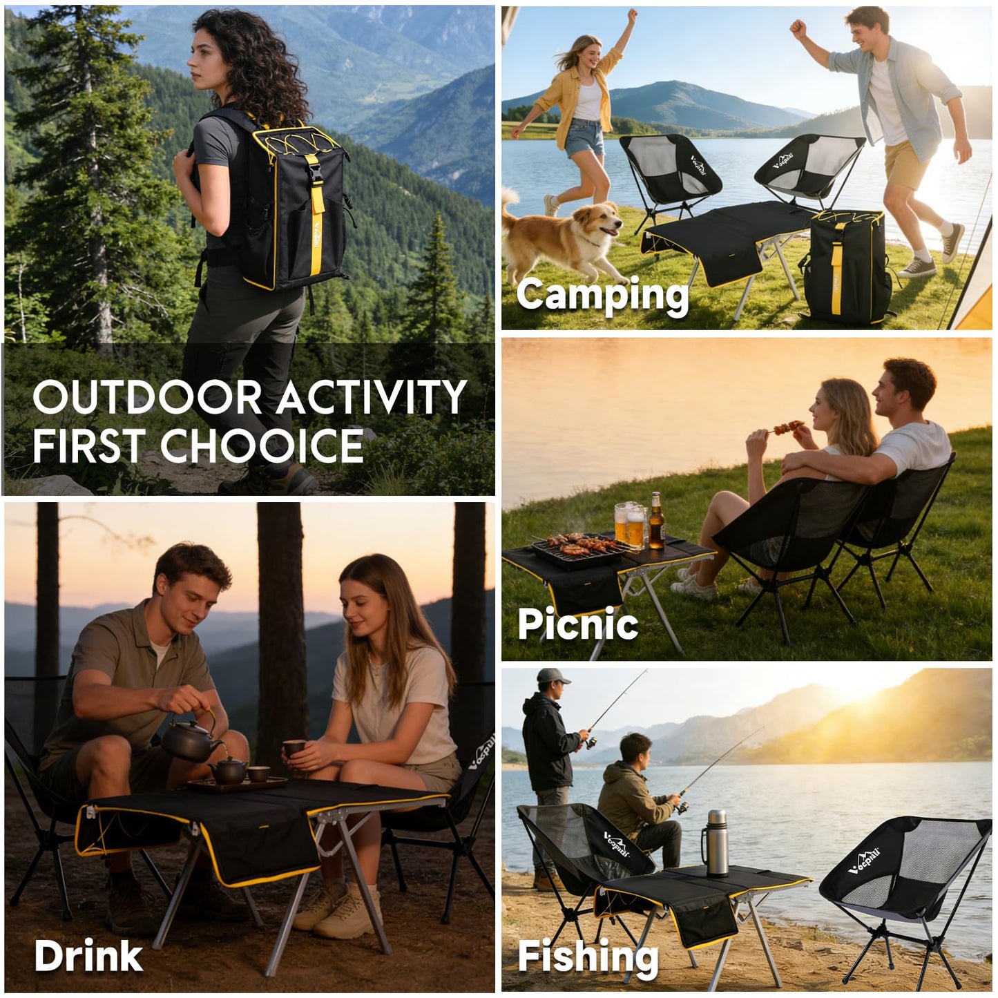 Vocpuli Camping Backpack - Aviation Aluminum Table Frame + 2 Folding Camping Chairs,+ Convertible Backpack Tabletop, Quick Setup&Portable,Camping Gear,Gifts for Camping, Picnic, Beach (Black)