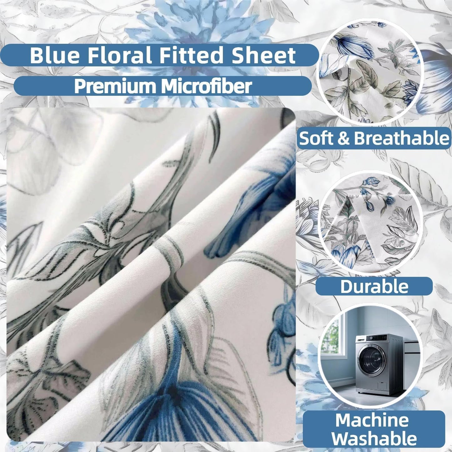 SDIII Blue Floral Twin Fitted Sheet with 2 Pillowcases, Deep Pocket Soft Microfiber Twin Bed Sheet Floral Blue All Season