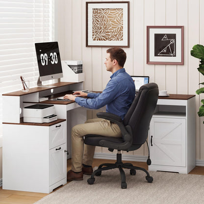 MALOL 63" Farmhouse L Shaped Executive Desk, Corner Computer Desk with Drawers & Storage Shelf, Home Office Desk with Power Outlet, Monitor Stand, Wood Grain Desktop, White & Rustic Brown