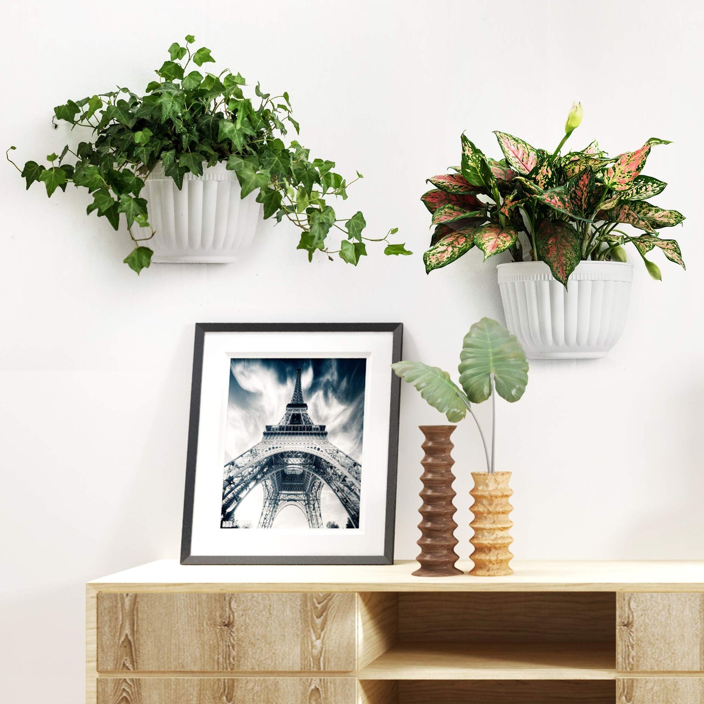 2 Pack White Plastic Wall Hanging Planters for Indoor Plants Wall Hanging Plant Holder with Drainage Hole Balcony Planters Railing Hanging Pot Fence Vertical Living Wall Mount Decor with Hooks