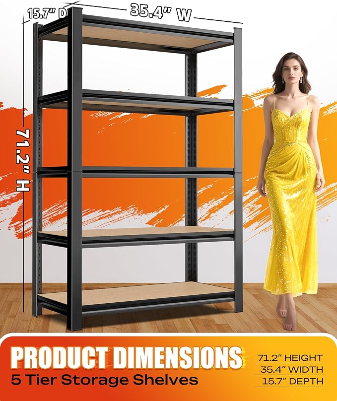 Set of 2 Garage Shelving Heavy Duty Storage Shelves, Metal Adjustable Shelving Unit, Utility Garage Organizer Shelf for Basement, Pantry, Kitchen, Warehouse, 15.7" Dx35.4 Wx71.2 H, Black