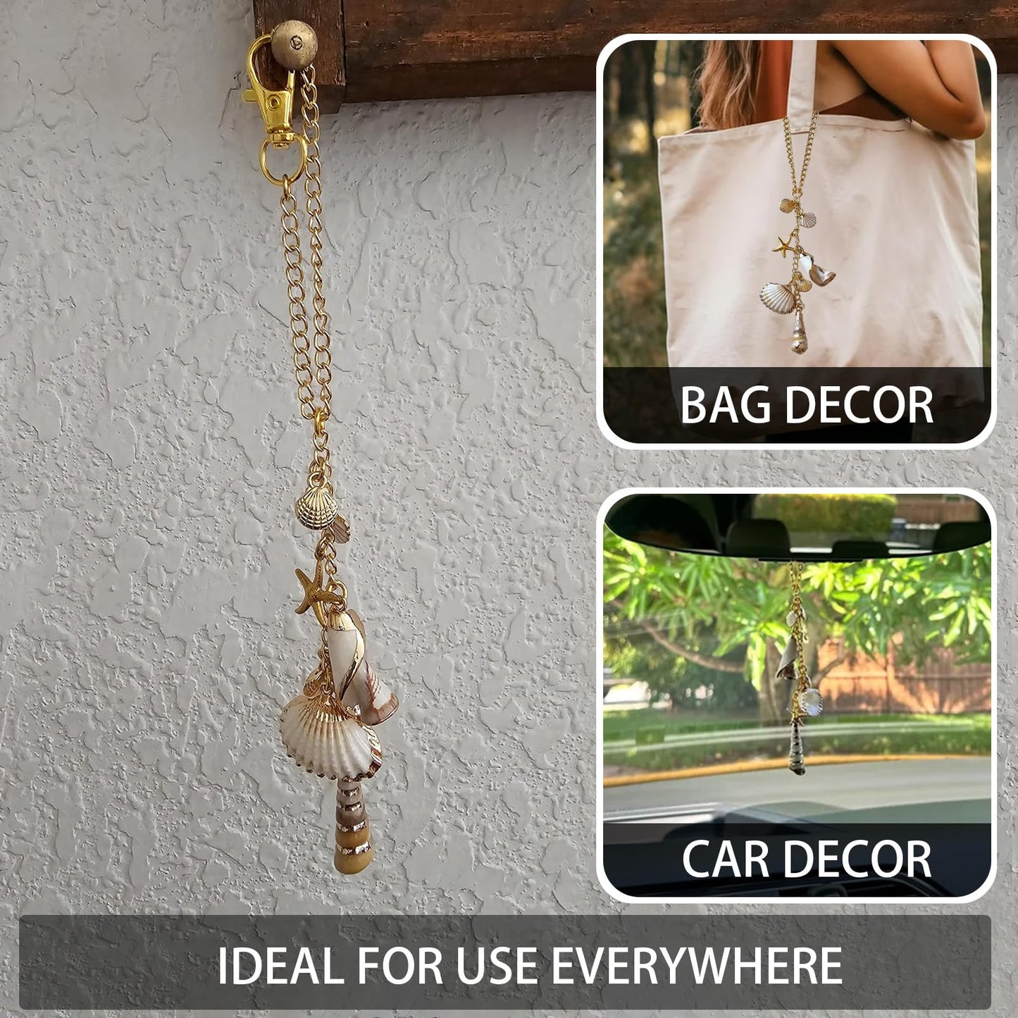 Sea Shells Car Decor,Cute Coastal Hanging Charm for Rear View Mirror, Boho Beach Themed Car Accessories,Hand-Made Starfish Conchas Aesthetic Ornament Pendant for Women