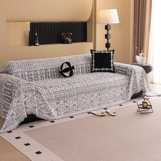 STACYPIK Thick Ethnic Geometric Sofa Cover for Loveseat, Soft Washable Gray Chenille Couch Cover for 3 Cushion Couch, L Shape Sofa Slipcover for Living Room, Multi-use Couch Cover Blanket-71X150IN