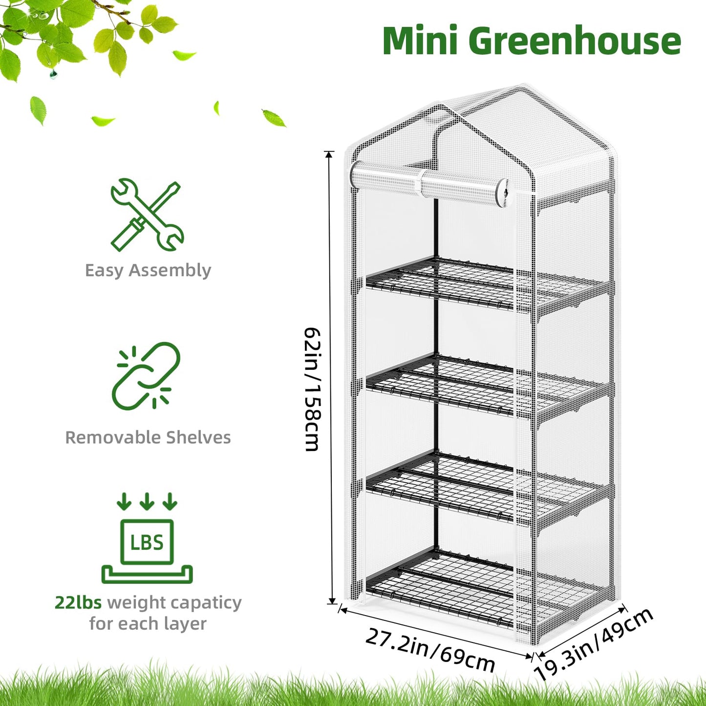 SUPERLELE 4 Tier Mini Greenhouse for Indoor Outdoor, 19.3x27.2x62in Portable Plant Greenhouse with Adjustable Shelves, Reinforced PE Mesh Cover, Heavy Duty Steel Frame, Waterproof for Balcony Patio