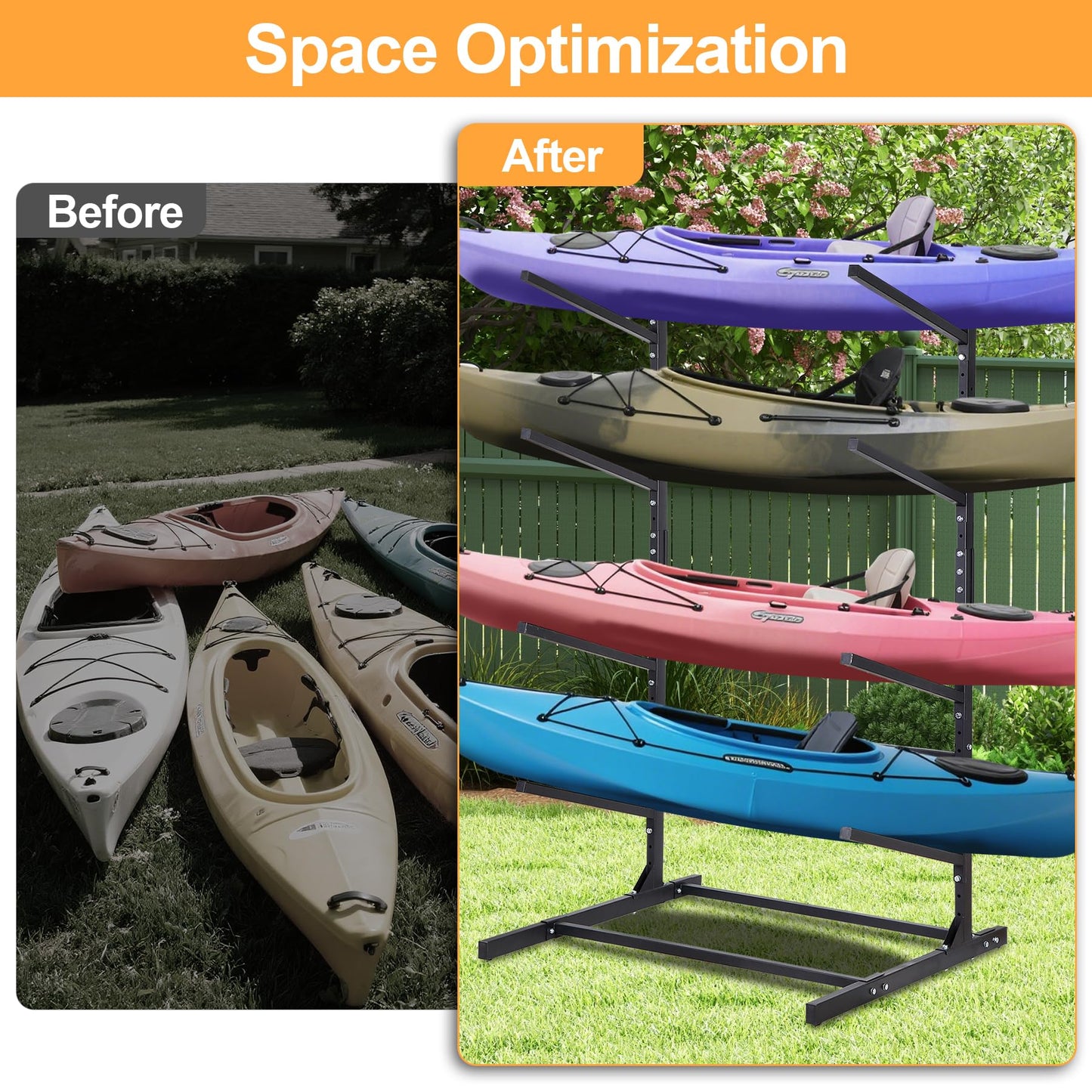 Oxphanor Kayak Storage Rack 4 Kayaks, Adjustable Freestanding Kayak and SUP Stand, Weatherproof and Heavy Duty Surfboard Storage Rack, Hold up Kayaks, SUPs, Paddleboards, Canoes