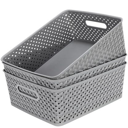 MaxGear 3 Pack Plastic Storage Baskets, Large, Grey