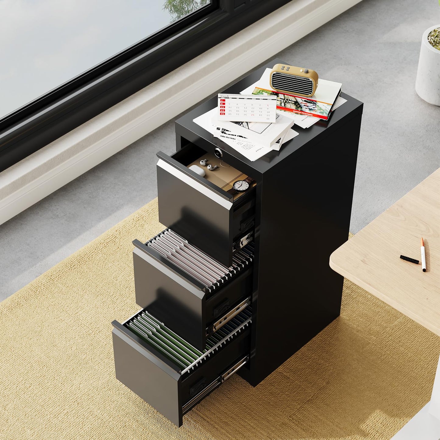 3-Drawer Locking Metal File Cabinet, Heavy-Duty Vertical Filing Cabinet with Anti-Tilt Security & Silent Slides, Fits Letter/Legal/A4/F4 Documents, Easy Assembly, Storage Organizer for Home Office