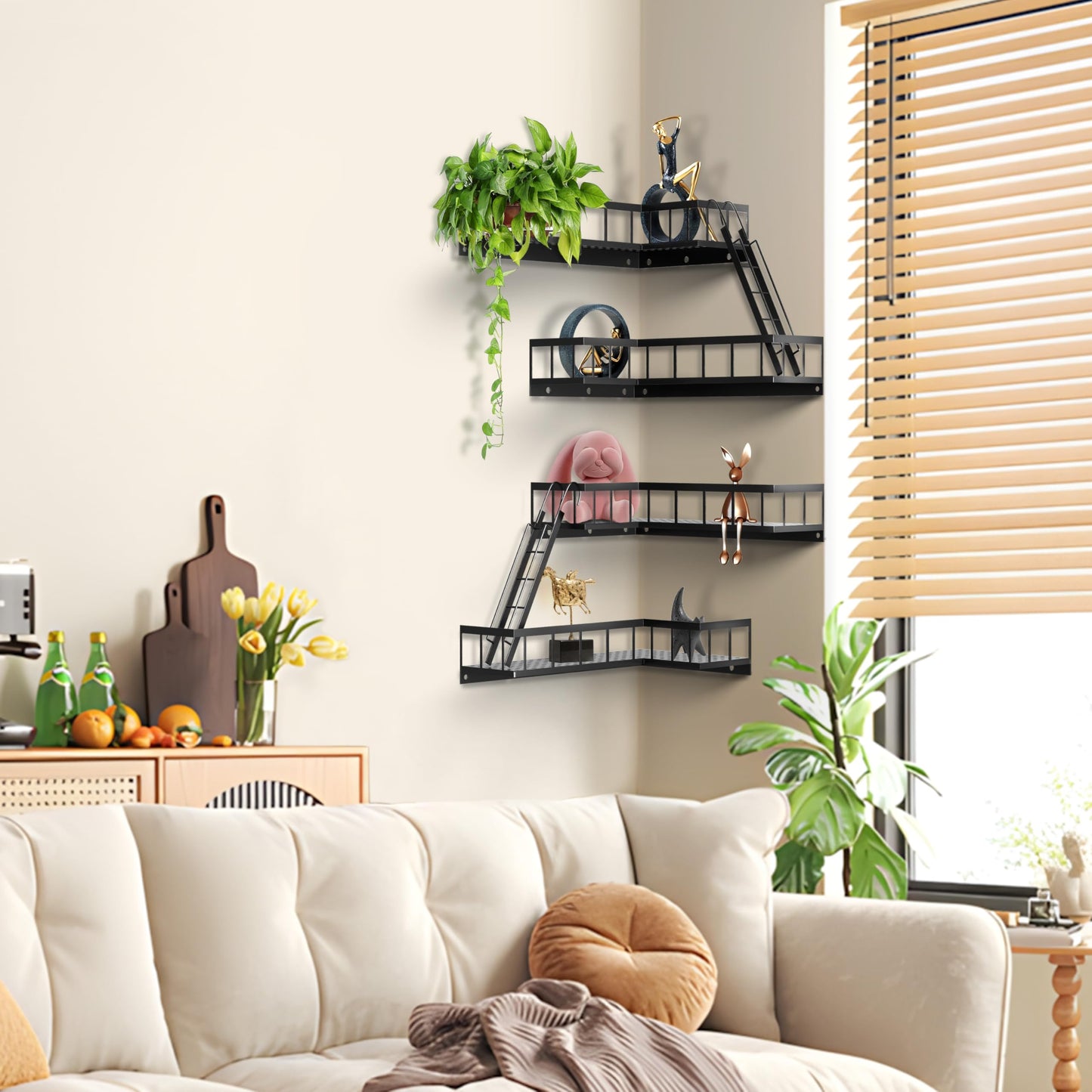 BRLBZXJY Fire Escape Wall Shelf, Modern City Style Corner Wall Shelves, Trinket Figurine Display Knick Knack Shelf Easy to Install, for Bathroom, Living Room & Home Decor, Black 4-Tier