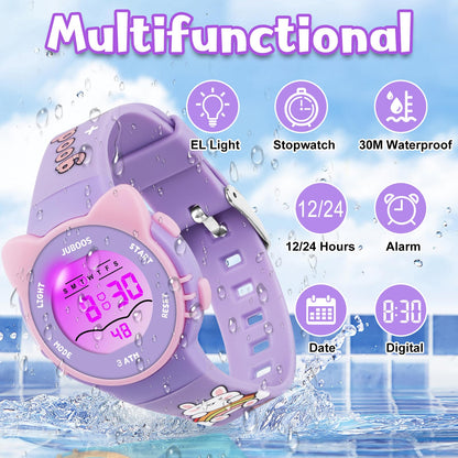 Juboos Kids Digital Watch,Watches for Girls Boys,Children's Waterproof Wrist Watches with Print and Colourful Lights,Toddler Watch with Cat Ears for Boys Girls (Orchid)