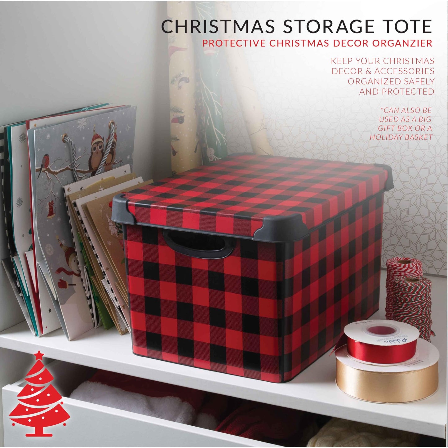 Simplify Checkered Design Storage Bin | Christmas Tote | Holiday Décor Decorations Organizer | Buffalo Plaid Design | Lidded | Stackable | Black and Red