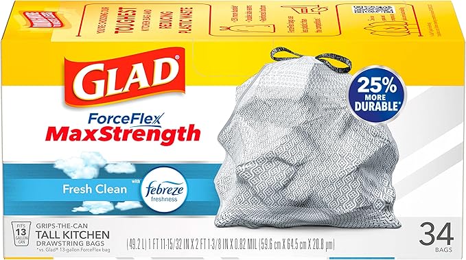 Glad ForceFlex MaxStrength Kitchen Trash Bags, 13 Gal, Fresh Clean Febreze