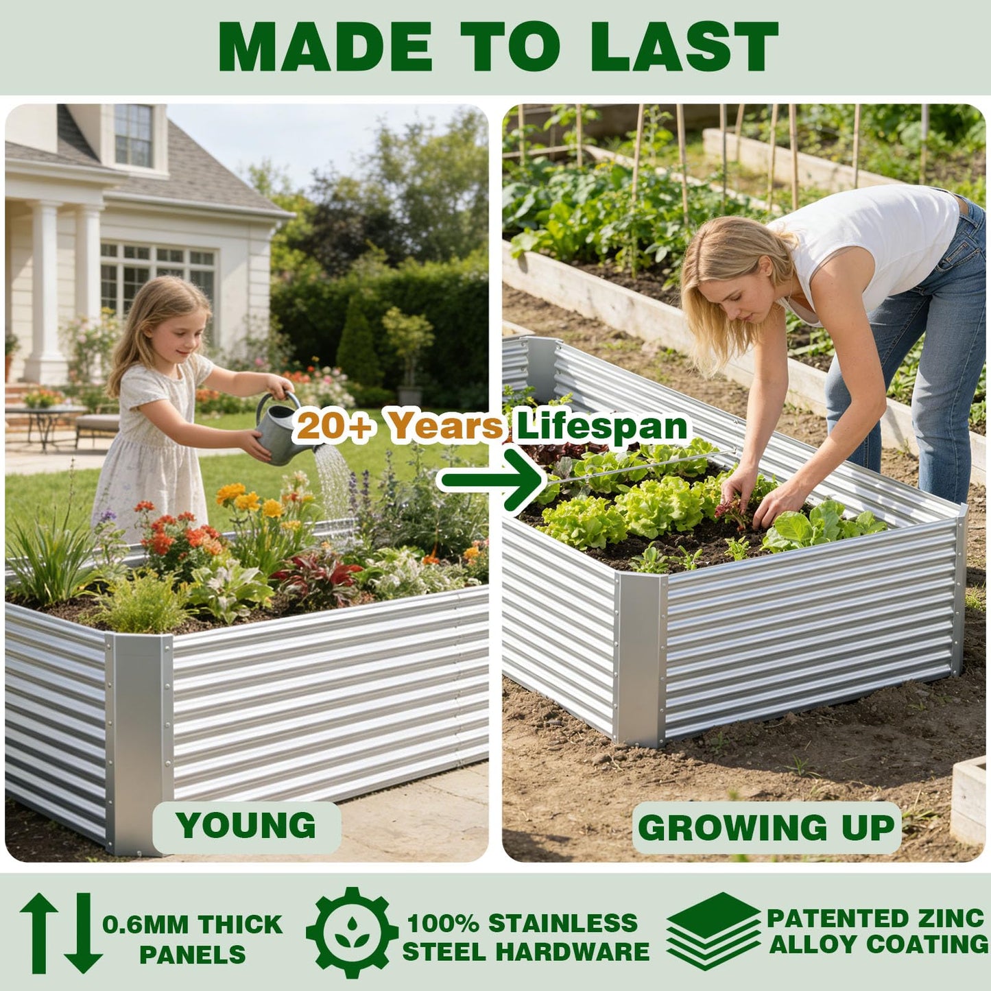 Annzoe 3 Pcs 4 x 2 FT Galvanized Steel Raised Garden Bed – Outdoor Planter Box for Root Vegetables, Herbs & Flowers, Large Metal Garden Beds for Backyards, Terraces and Balconies