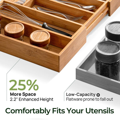 Carbonized Bamboo Kitchen Drawer Organizer, 8 Slots Silverware Organizer, Utensil Holder & Cutlery Tray, 2.2" Deep for Extra Capacity, Non-Slip Feet Included