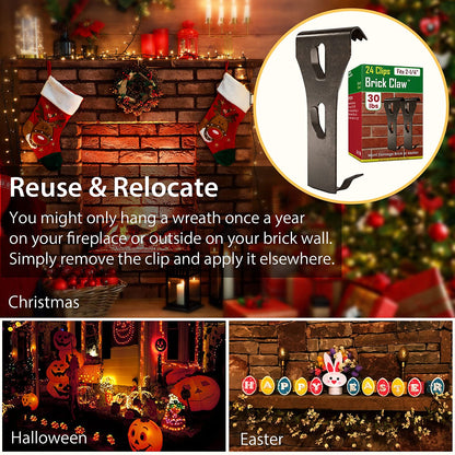 Brick Hook Clips for Hanging Outdoors, Brick Hangers for Brick Wall Hanging No Drill and Nails, Heavy Duty Brick Siding Clips Wall Hangers Fits Standard Brick 2-1/4" to 2-3/8" in Height (24, Standard)