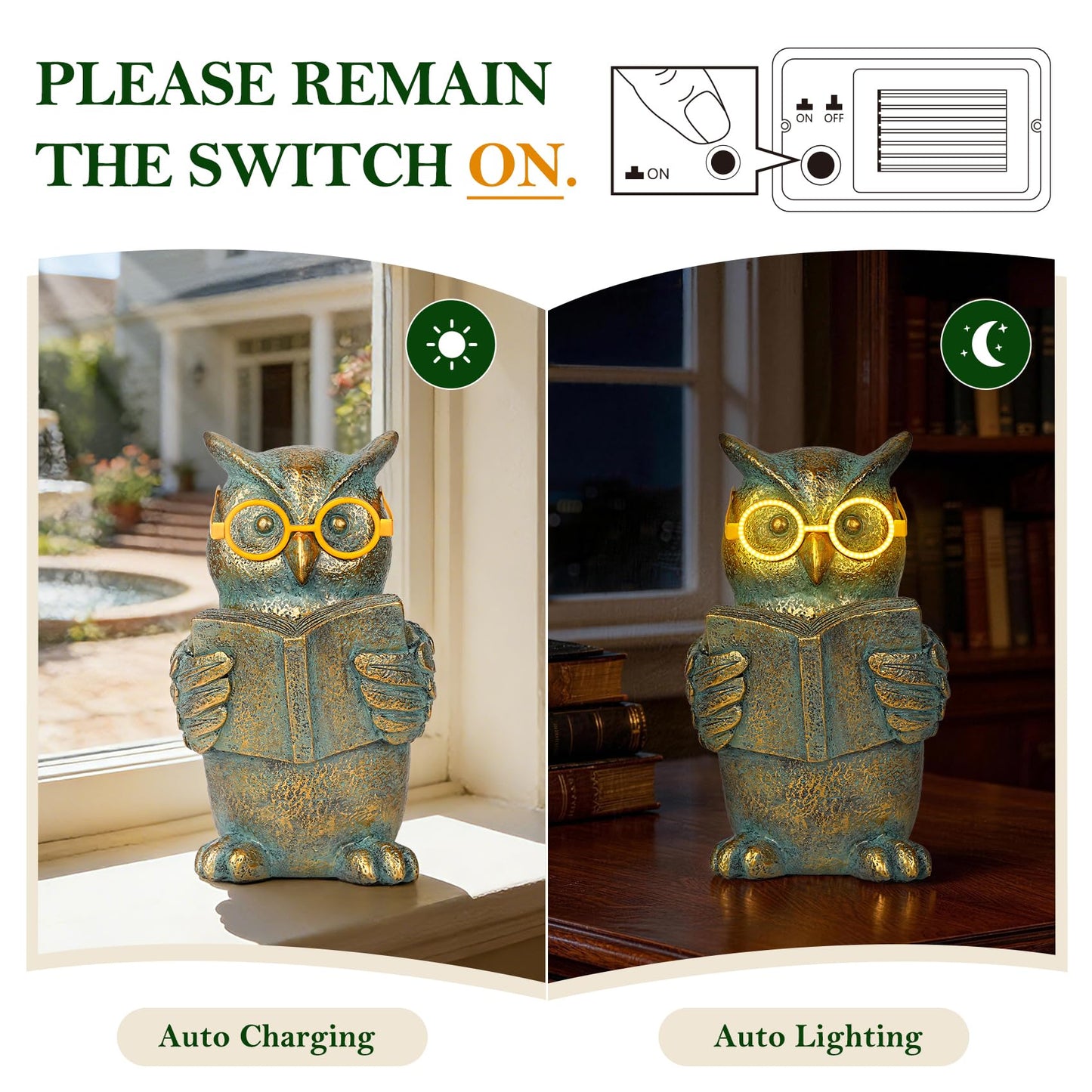 zuzuzen Reading Owl Statue with Solar Glasses Bronze Resin Garden Decoration Outdoor Figurine Light for Patio, Yard, Lawn, Housewarming Home Decor Gift for Women