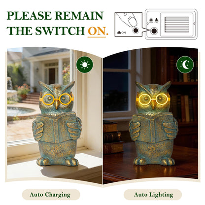 zuzuzen Reading Owl Statue with Solar Glasses Bronze Resin Garden Decoration Outdoor Figurine Light for Patio, Yard, Lawn, Housewarming Home Decor Gift for Women
