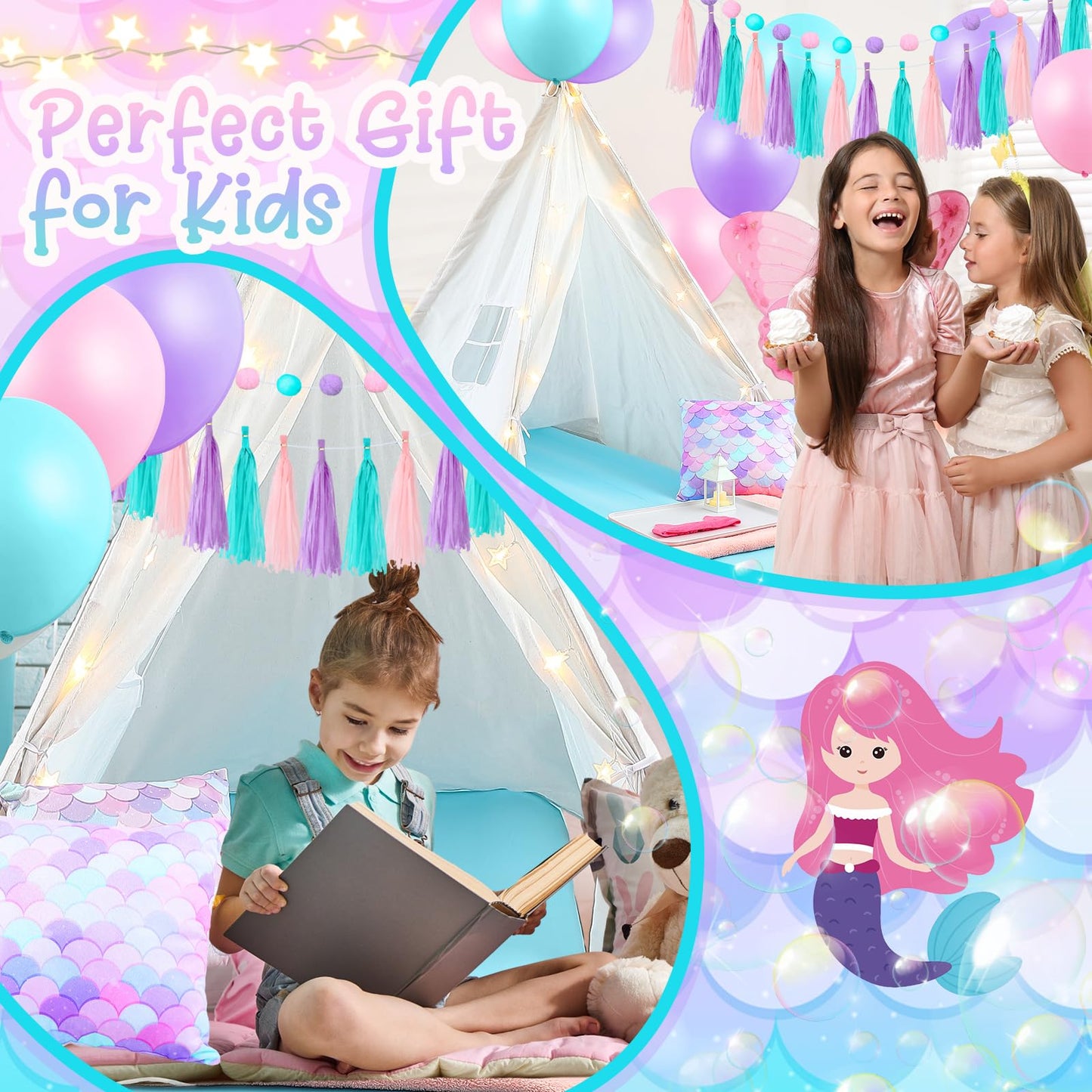 Windyun 4 Pack Mermaid Teepee Tent for Kids with Inflatable Airbed, String Light Fitted Sheet Mermaid Pillow Washable Toddler Indoor Play Tent for Girls Boys Sleepover Slumber Party
