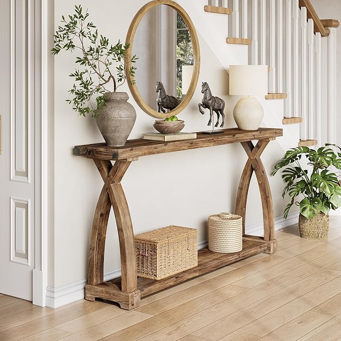 Solid Wood Console Table for Entryway, 63-Inch Narrow Farmhouse Couch Table