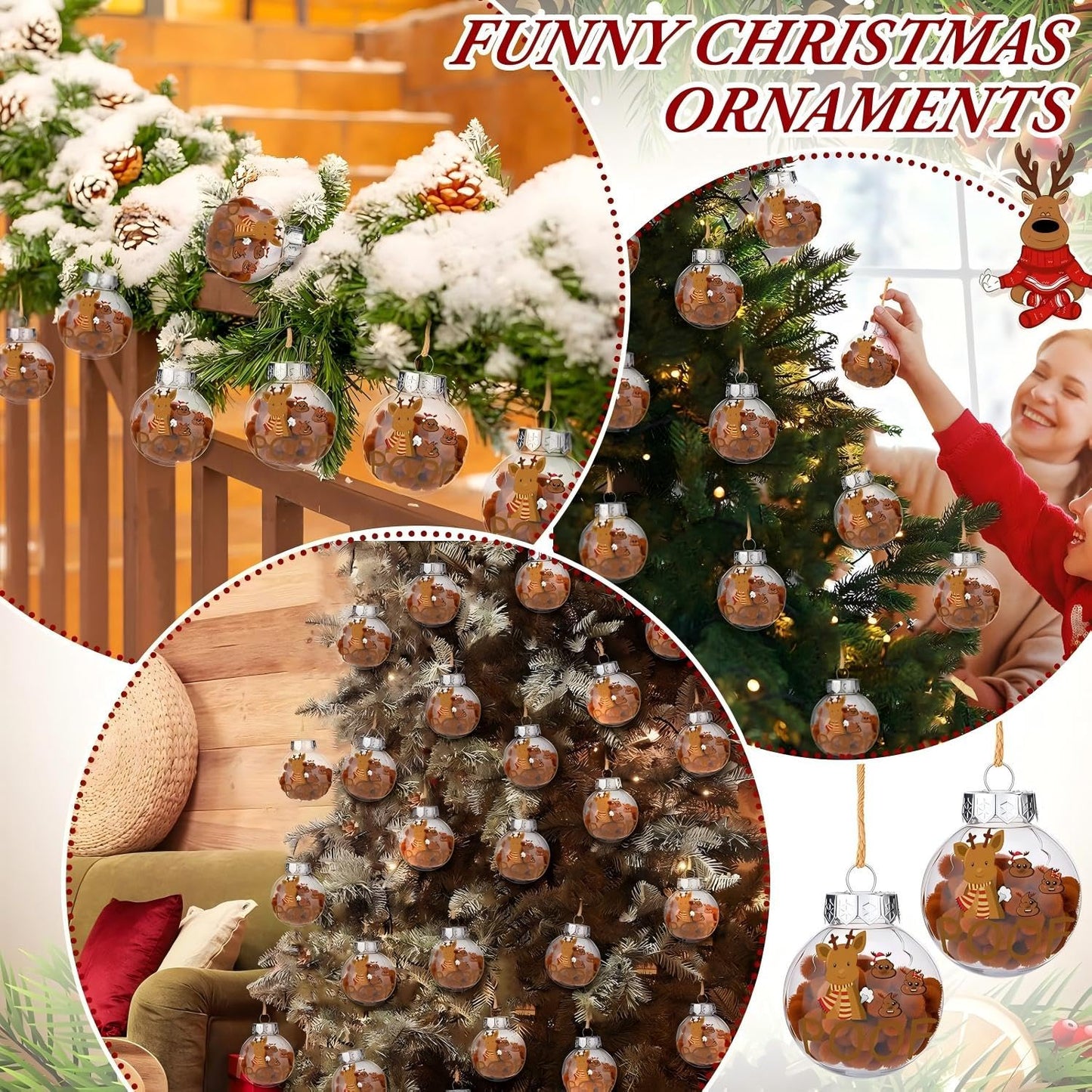 Giegxin 12 Set Funny Christmas Ornaments Kit Reindeer Poof Ball Prank Xmas Hanging Fillable Ball Ornament DIY Funny Hilarious for Home Christmas Tree Party Decor, 2.36 Inch