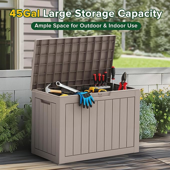 EasyUp 45 Gallon Outdoor Storage Box Waterproof, UV Resistant Deck Box Outdoor, Lockable Resin Deck Boxes for Garden Tools Equipment and Cushions, Gray
