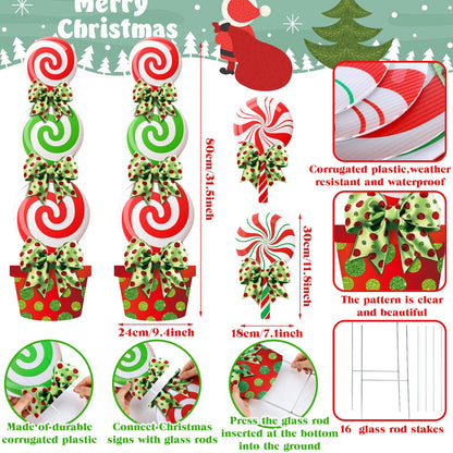 Meonum 4 Pcs Peppermint Candy Christmas Decorations Outdoor Large Christmas Yard Stakes Lime Green and Red Xmas Candy Garden Lawn Signs with Stakes and Bow for Home Pathway Walkway Party Decor(Red)
