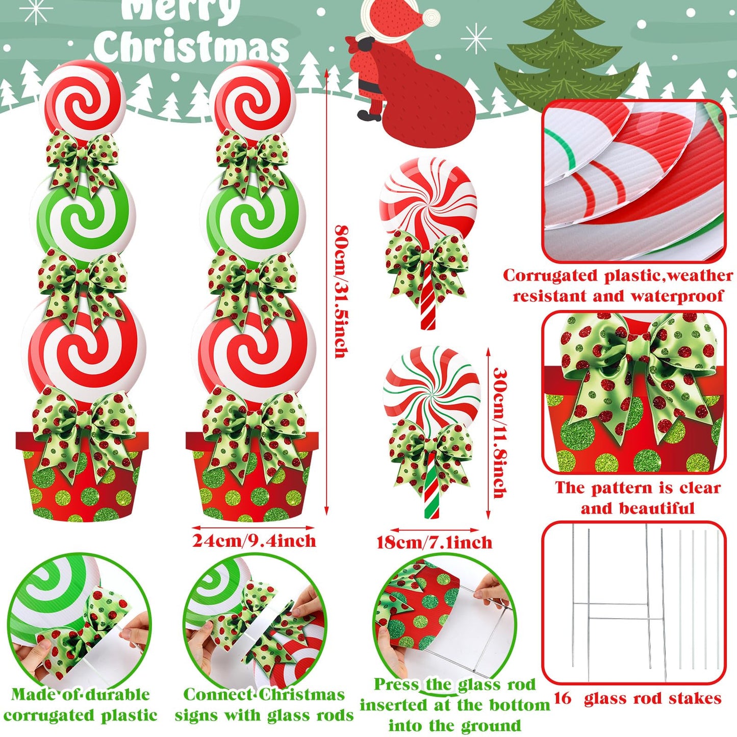 Meonum 4 Pcs Peppermint Candy Christmas Decorations Outdoor Large Christmas Yard Stakes Lime Green and Red Xmas Candy Garden Lawn Signs with Stakes and Bow for Home Pathway Walkway Party Decor(Red)