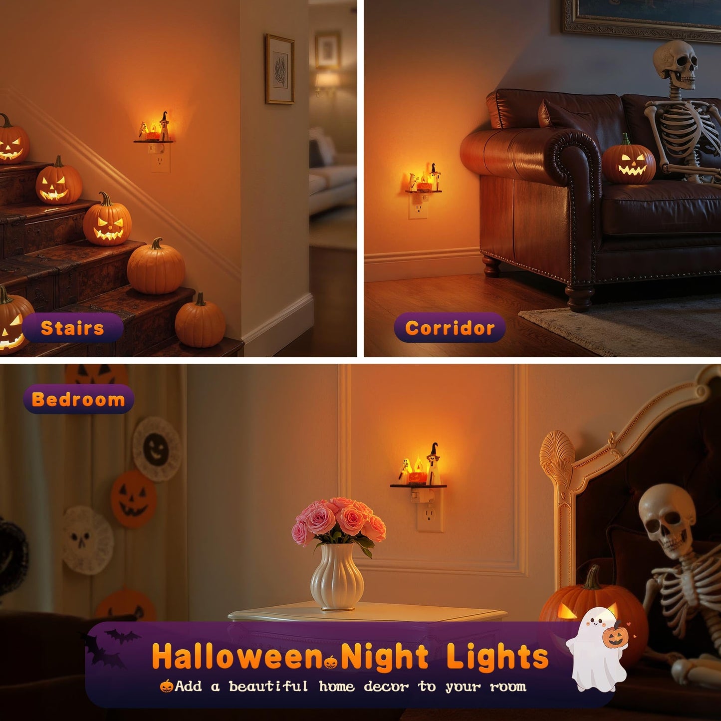 Halloween Night Light, Amber Night Lights Plug into Wall,Cute & Funny Flaming Jumping Night Light,Ghost & Pumpkin Plug in Nightlight with 360° Rotatable for Kids Halloween Party Decor,1 Pack
