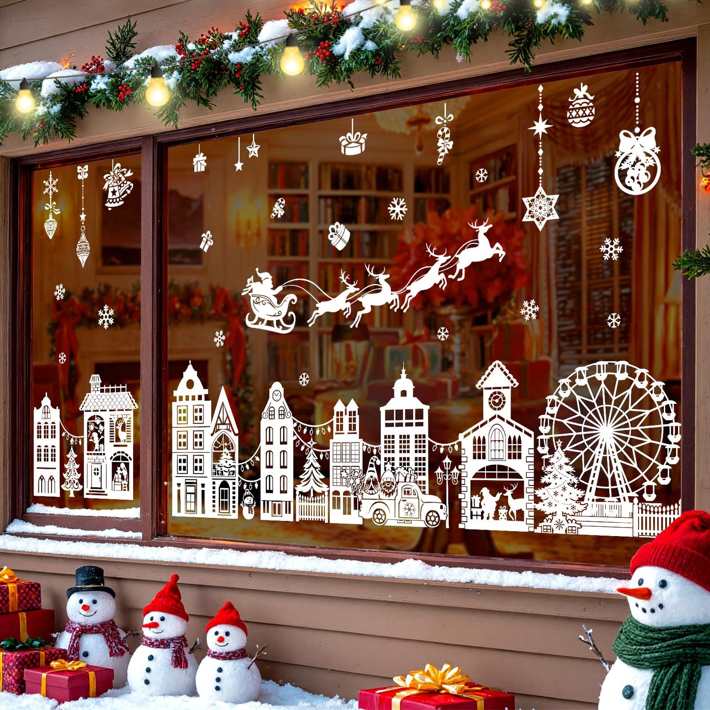 wondever White Christmas Town Window Clings Winter House Street Scene Glass Sticker Decal Anti Collision Double-Side Static Window Stickers for Glass Christmas Party