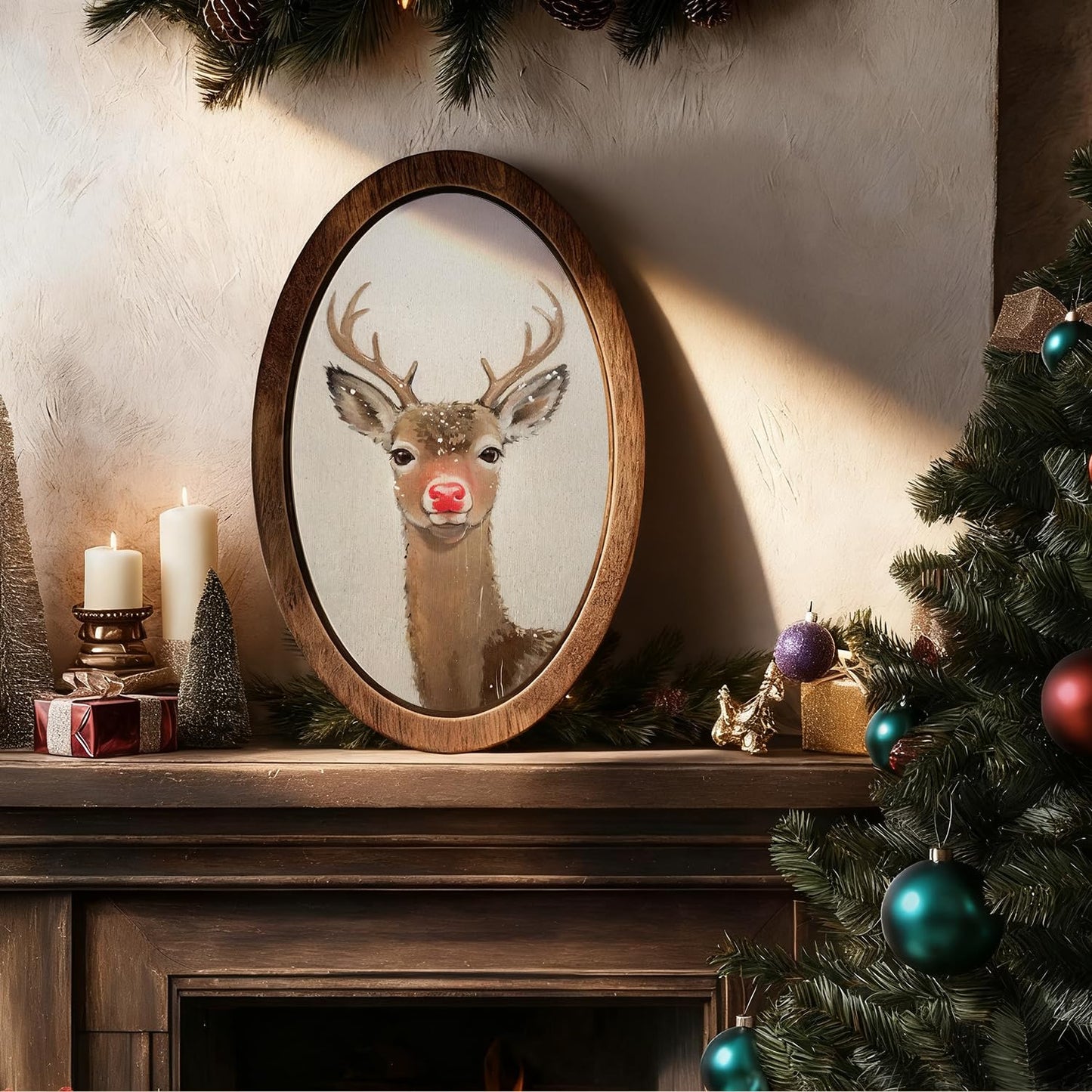 YZSLA Red Nose Reindeer Christmas Deer Framed Wall Art Decor, Christmas Home Room Decor, Rustic Winter Xmas Red Deer Holiday Wooden Oval Wall Decorations for Home Bedroom Living Room, 15.74x10.23