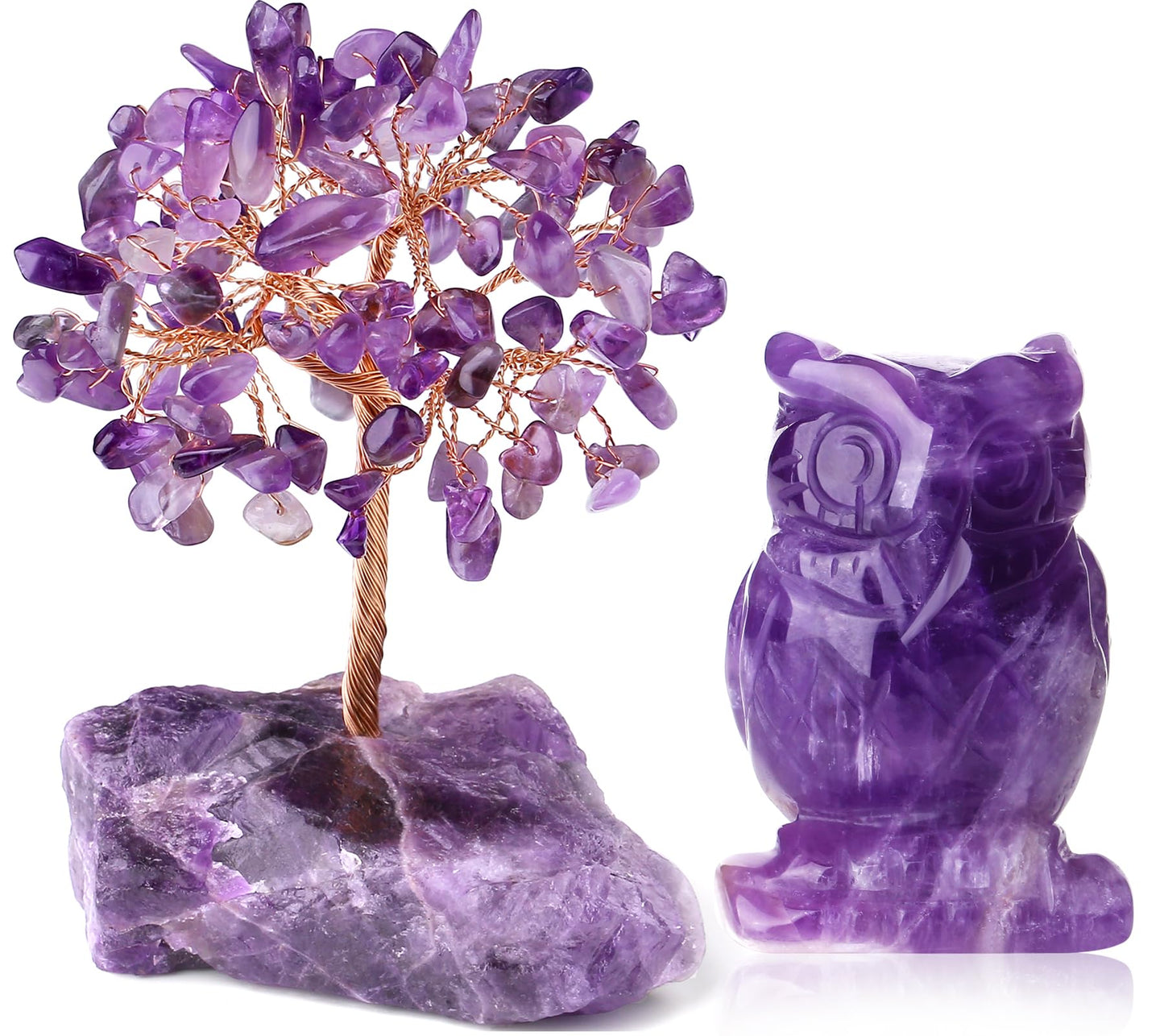 QINJIEJIE Bundle of Amethyst Crystal Tree and Owl Decor Stone Figurines Natural Reiki Gemstone Tree Life Stone Base Copper Wire Office Desk Room Feng Shui Home Decor Gifts