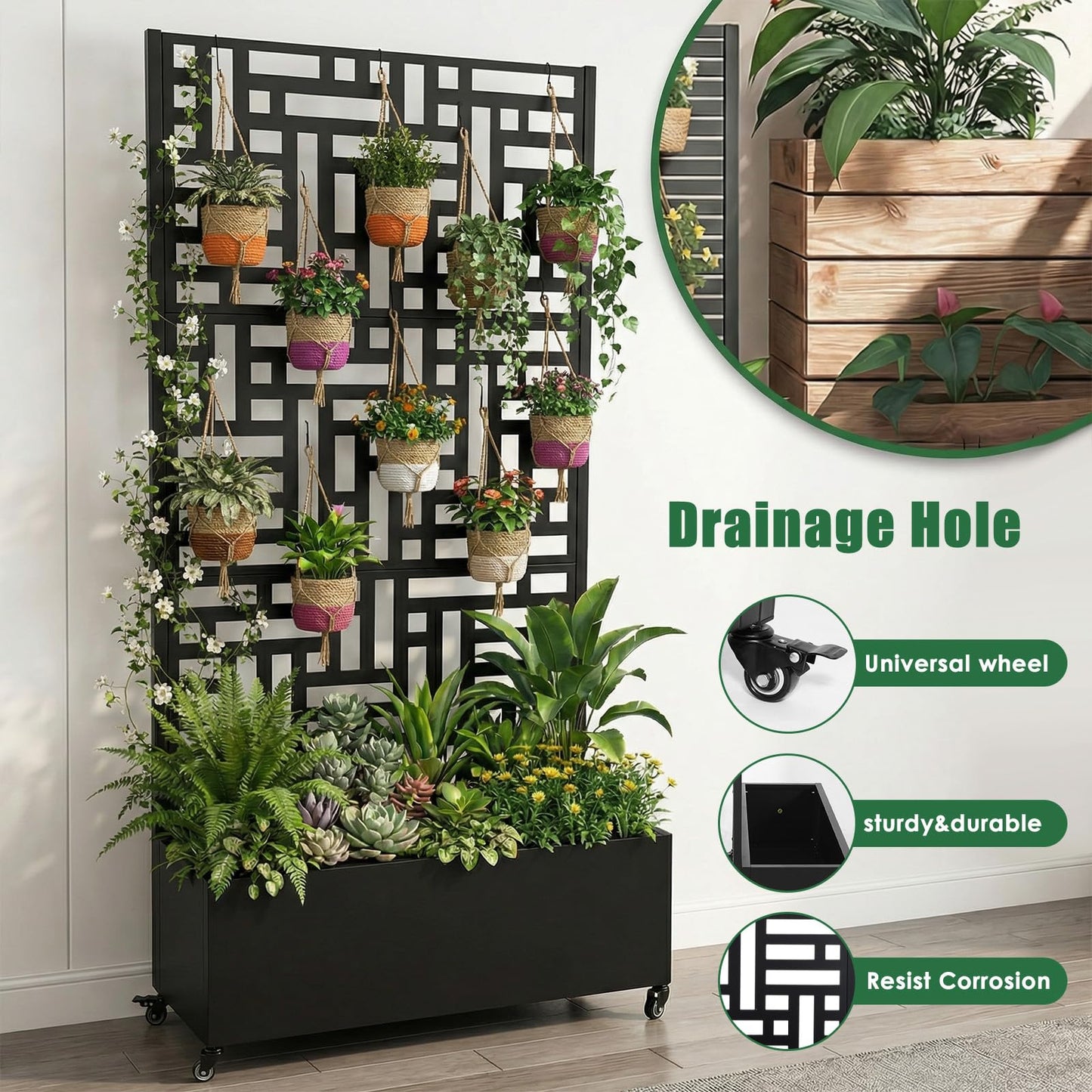 ALINUOYQ 70.87x35.43x15.75 Inch Metal Planter Box with Trellis and Wheels Raised Garden Bed with Drainage Holes Privacy Planters Suitable for Climbing Plants and Vegetables (02)
