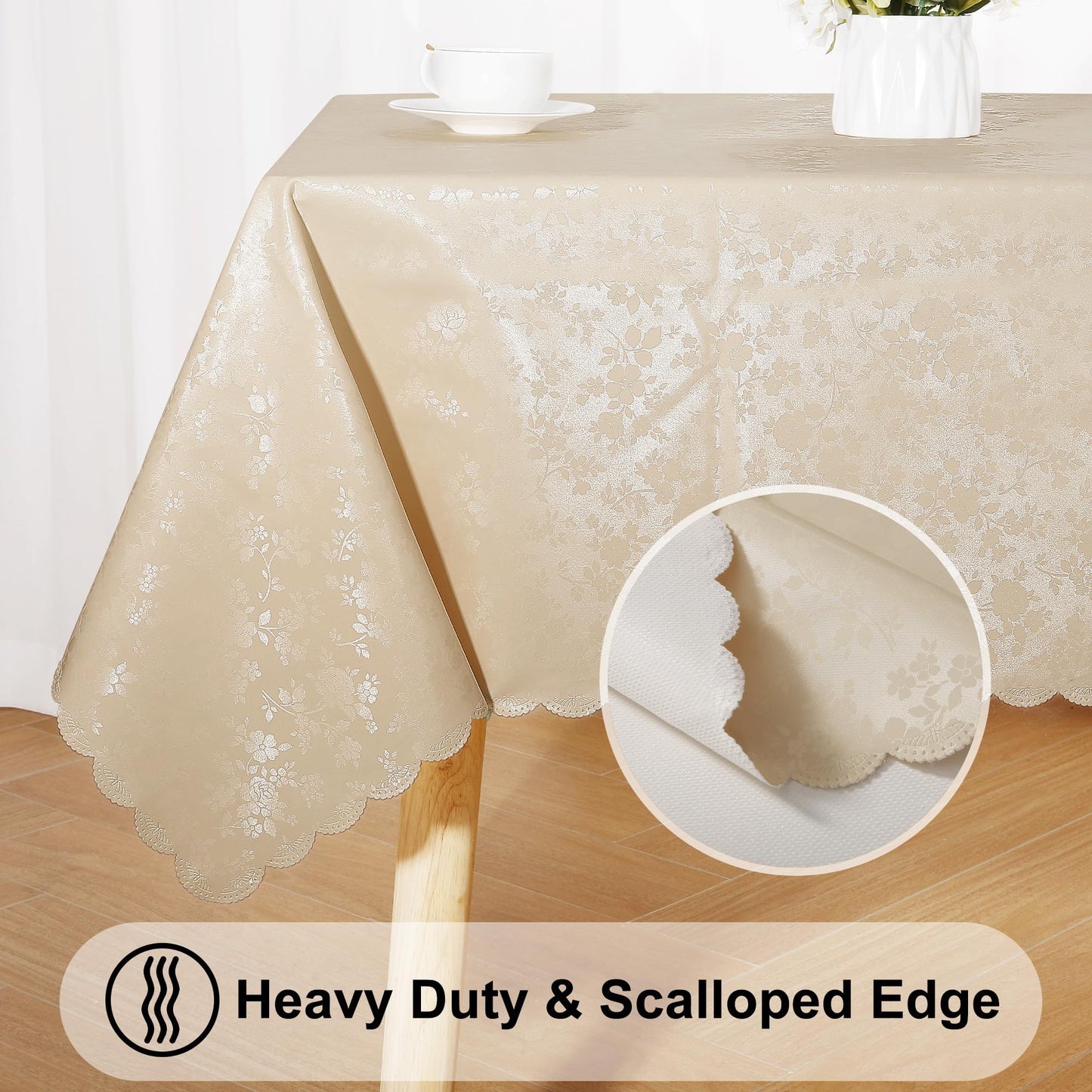 smiry Waterproof Vinyl Tablecloth, Rectangle Heavy Duty Table Cloth, Wipeable Table Cover for Kitchen and Dining Room (Beige, 60" X 84")