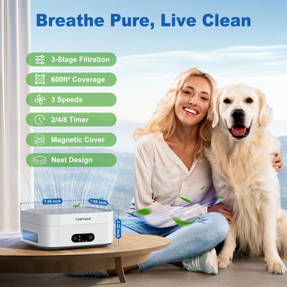 TDBYWAE Air Purifiers for Home Bedroom Up to 600 ft², True HEPA Air Purifier for Pets Dust Dander Pollen Odor Smoke, Portable Car Air Purifier for Travel(White)
