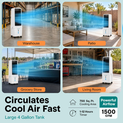 SereneLife Evaporative Air Cooler with 15 L Detachable Water Tank, Air Cooler with 1500 CFM Cooling Power, Indoor Outdoor Oscillating System with Wheels, Remote & Ice Packs, (Black & White)
