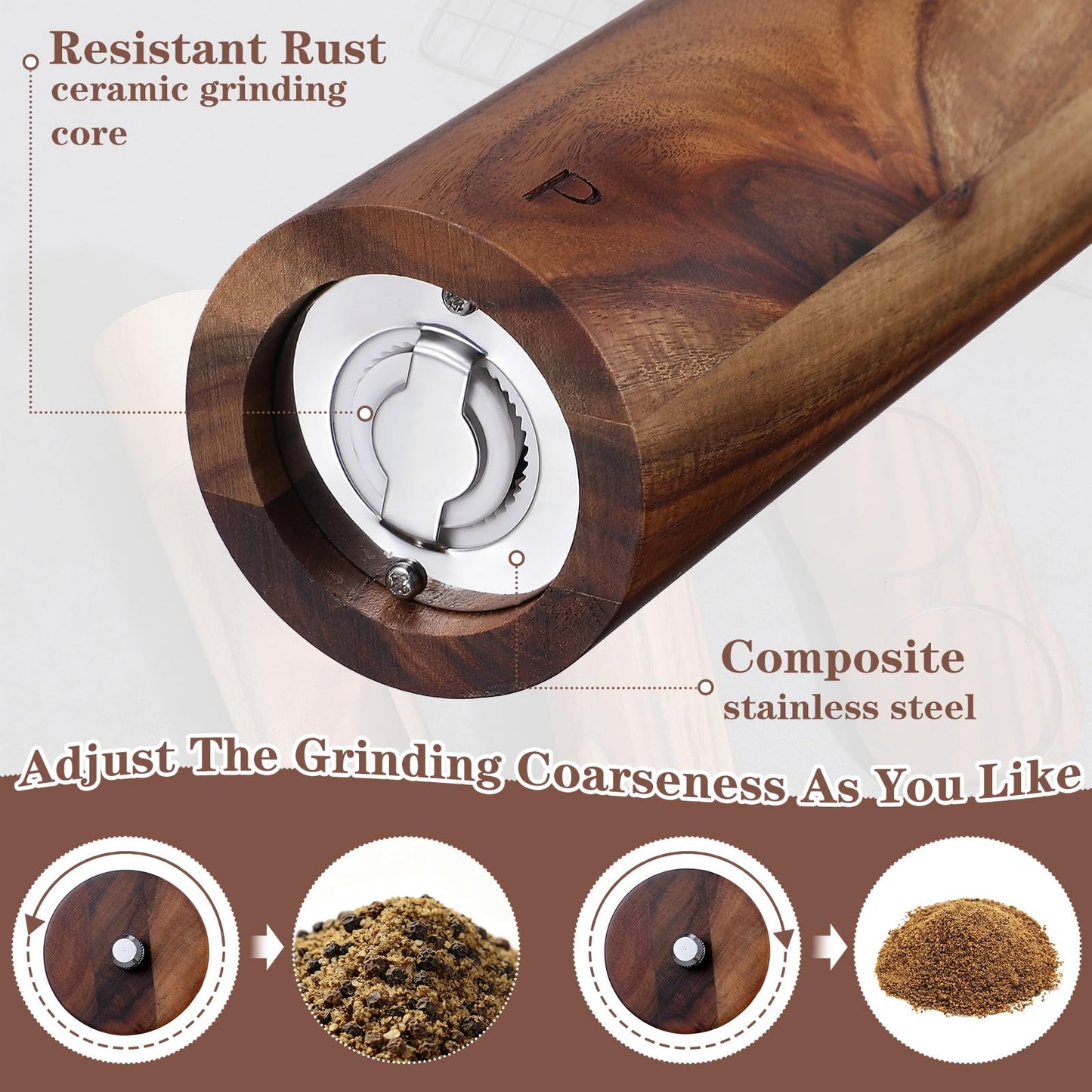Wooden Salt and Pepper Grinder Set, 8 Inch Manual Mill with Tray, Adjustable Coarseness, Refillable Acacia Wood Grinders for Kitchen, Home, and Gift (Brown)