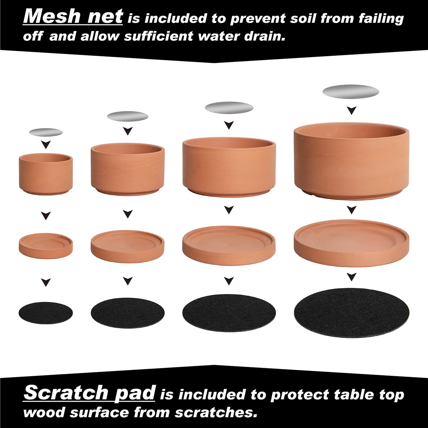 D'vine Dev Set of 4 Terracotta Shallow Planter Pots for Succulent, 3 Inch 4 Inch 5 Inch 6 Inch, Small Flower Plant Pots with Drainage and Saucer, 40-Z-0