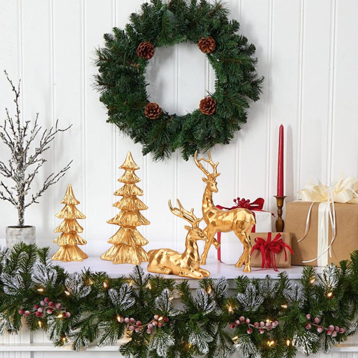 2 Pcs Christmas Tree Figurines and 2 Pcs Christmas Reindeer Figurines, Gold Tabletop Christmas Decorations Resin Christmas Tree and Elk Statues for Table Centerpieces Desk Shelf Fireplace Decor