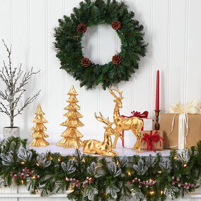 2 Pcs Christmas Tree Figurines and 2 Pcs Christmas Reindeer Figurines, Gold Tabletop Christmas Decorations Resin Christmas Tree and Elk Statues for Table Centerpieces Desk Shelf Fireplace Decor