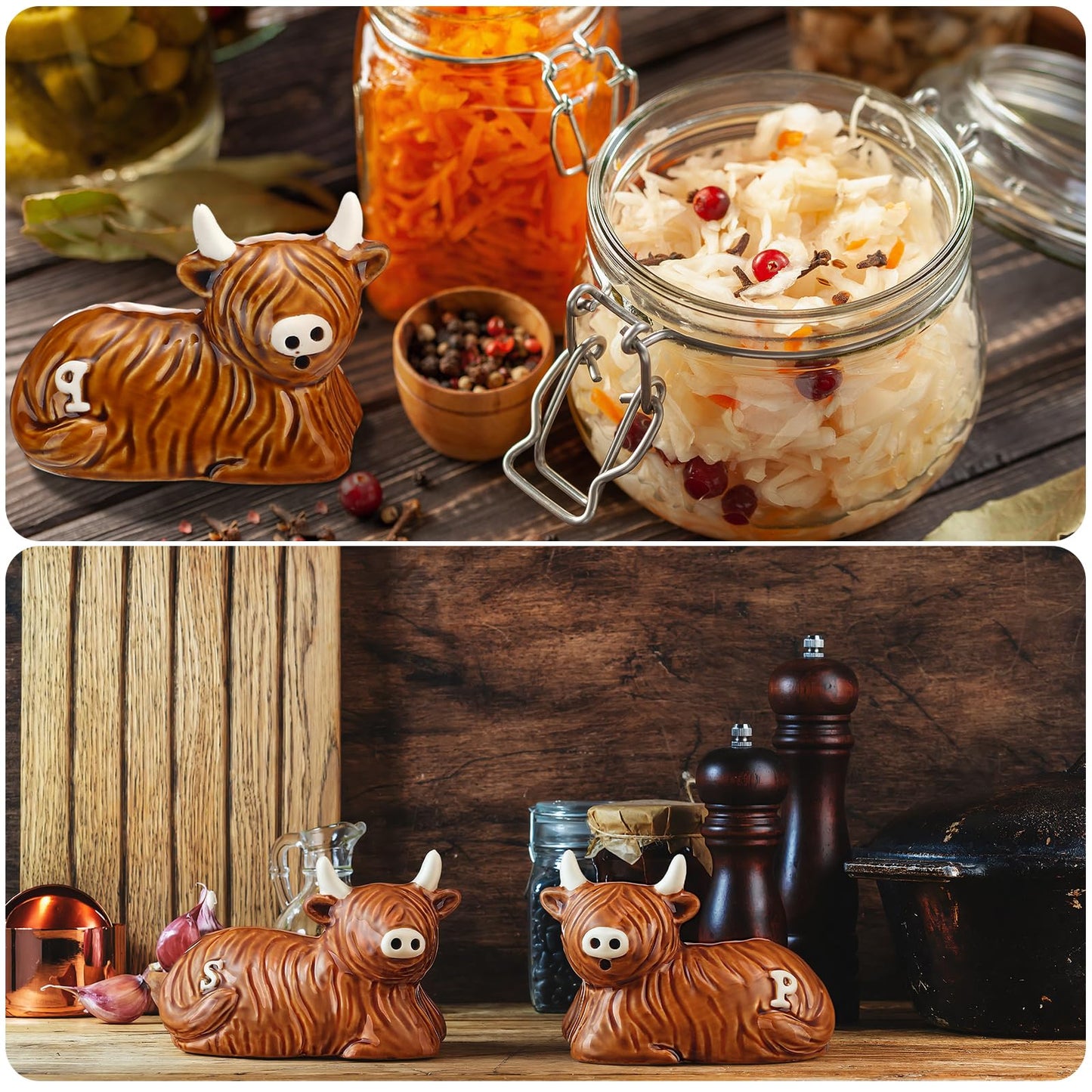 Potchen 2 Pcs Highland Cow Salt and Pepper Shaker Set Ceramic Kitchen Accessories Animal Spice Rack Scottish Highland Cow for Farm Animal Bull with Horns S&P