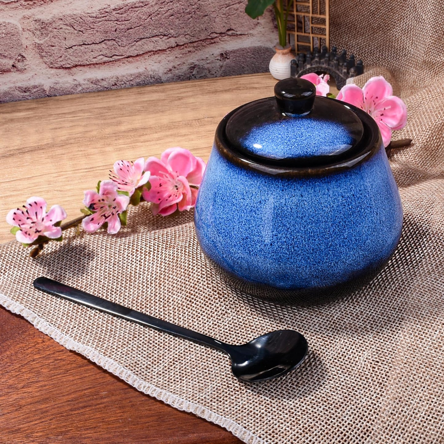 BOSILI Blue Ceramic Sugar Bowls with Lid Seasoning Container with Stainless Steel Spoon for Spice Salt